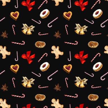 Kusursuz bir Noel deseni. Altın çanlar, şeker kamışı, kurabiye, zencefilli ekmek ve kırmızı bir fiyonk.