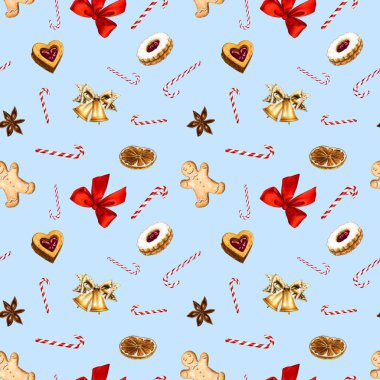 Kusursuz bir Noel deseni. Altın çanlar, şeker kamışı, kurabiye, zencefilli ekmek ve kırmızı bir fiyonk.