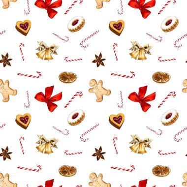 Kusursuz bir Noel deseni. Altın çanlar, şeker kamışı, kurabiye, zencefilli ekmek ve kırmızı bir fiyonk.