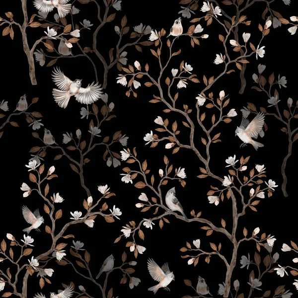 マグノリアの木や鳥とシノワズリーシームレスなパターン 黒の背景 — ストック写真