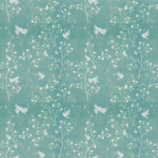 Seamless Pattern Magnolia Tree Birds Turquoise Background — 图库照片#