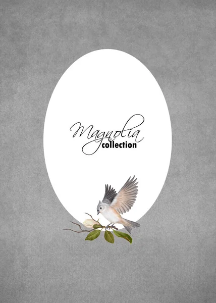 Magnolia Oval Frame Tiny Grey Bird Vintage Floral Background — Stok fotoğraf