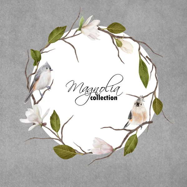 Magnolia Wreath Tiny Grey Birds Floral Background — Fotografia de Stock