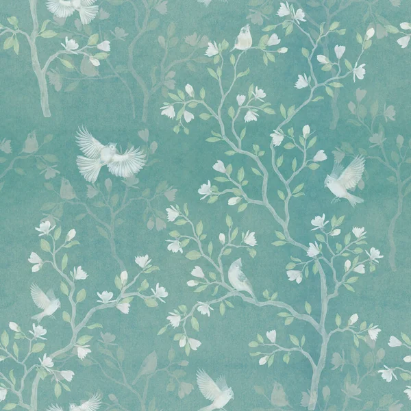 Seamless Pattern Magnolia Tree Birds Turquoise Background — Fotografia de Stock