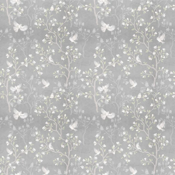 Seamless Pattern Magnolia Tree Birds Grey Background — Stockfoto