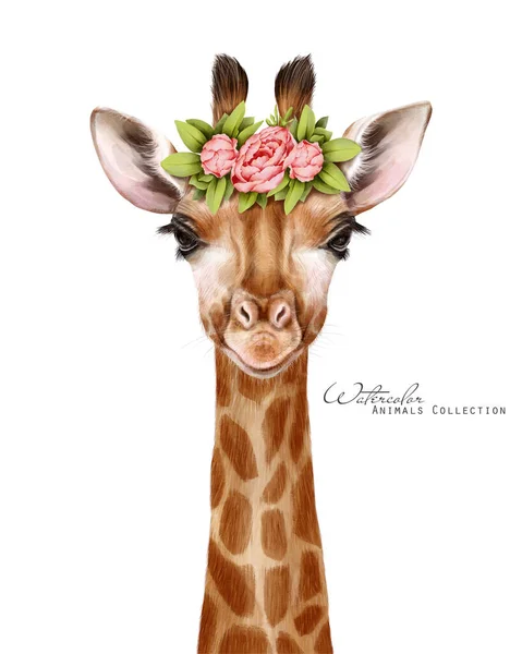 Mała Żyrafa Słodka Żyrafa Kwiatowym Wieńcu Korona Kwiatowa Ilustracja Zwierząt — Zdjęcie stockowe