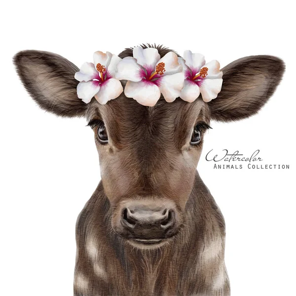 Vaca Bebé Corona Floral Vaca Joven Cuervo Floral Animales Granja —  Fotos de Stock