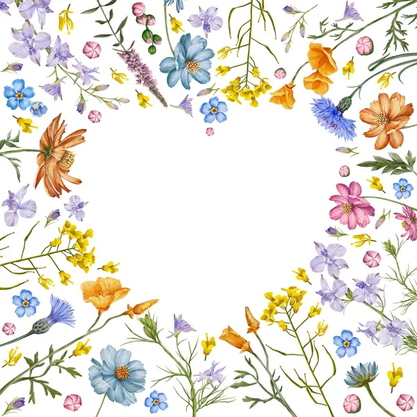 ハートフラワーフレーム 草原の花やハーブの背景 手描き花 — ストック写真