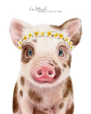 Tatlı domuz portresi. Çiçekli yavru domuz çelengi. Benekli domuzcuk. Çiçekli taç