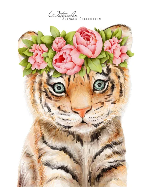 Baby Tiger Blomkrans Akvarell Tiger Unge Blommig Krona Afrikanska Djur — Stockfoto