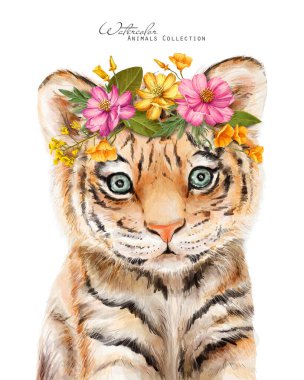 Çiçekli çelenk giymiş bebek kaplan. Suluboya kaplan yavrusu. Çiçekli taç. Afrika hayvanları çizimi