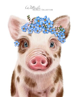 Tatlı domuz portresi. Çiçekli yavru domuz çelengi. Benekli domuzcuk. Çiçekli taç