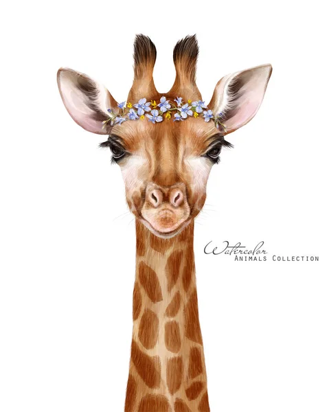 Mała Żyrafa Słodka Żyrafa Kwiatowym Wieńcu Korona Kwiatowa Ilustracja Zwierząt — Zdjęcie stockowe