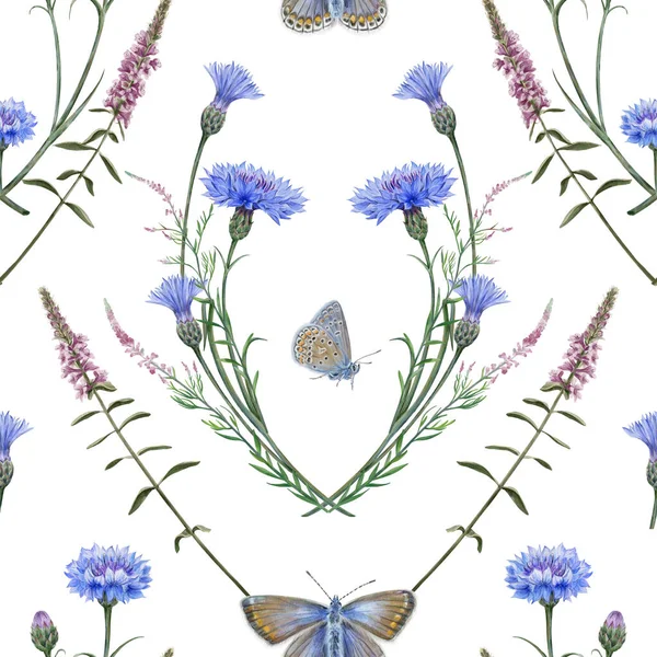 Padrão Sem Costura Borboletas Azuis Comuns Flores Milho Prado — Fotografia de Stock