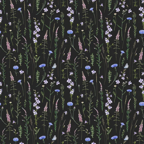Meadow Flowers Herbs Seamless Pattern Common Blue Butterflies Meadow Cornflowers — ストック写真