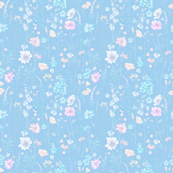 Flores Prado Ervas Sem Costura Padrão Fundo Azul Florescente Primavera — Fotografia de Stock