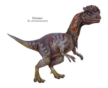 Dilophosaurus çizimi. Kafasında arma olan bir dinozor. Kahverengi, menekşe dino