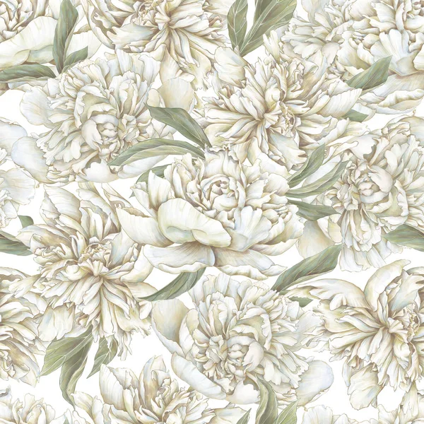 Wit Pastelpioenachtig Naadloos Patroon Met Hand Getekend Bloeiende Bloemen Achtergrond — Stockfoto