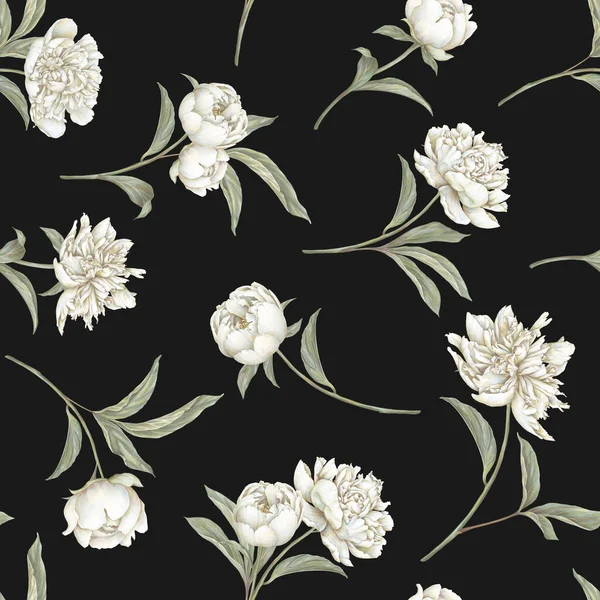 White Pastel Peony Seamless Pattern Hand Drawn Blooming Floral Background — Stock Photo, Image