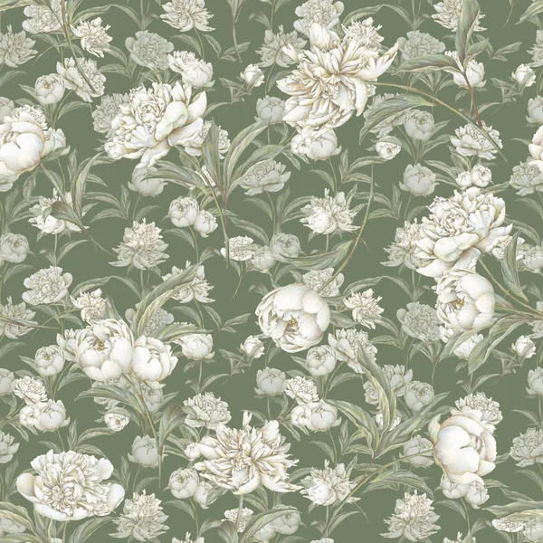白いパステル牡丹シームレスパターン 花の背景を手描き 柔らかいトーン — ストック写真