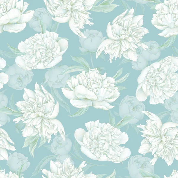 白いパステル牡丹シームレスパターン 青い背景に手描きの花を咲かせます 柔らかいトーン — ストック写真