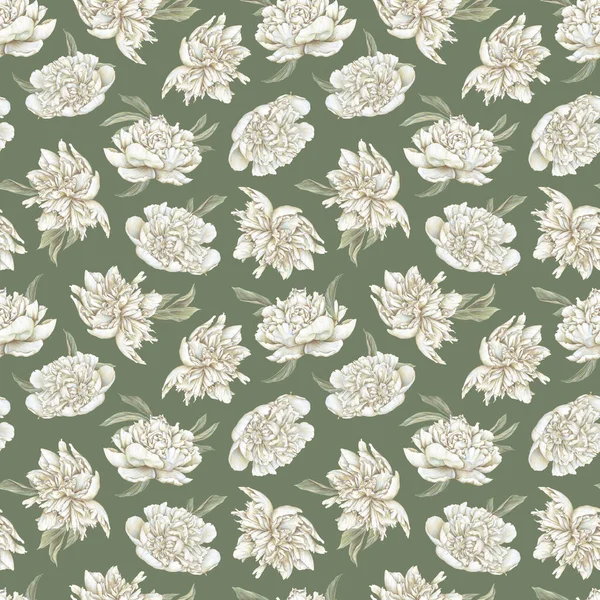 Weißes Pastellfarbenes Pfingstrosenmuster Handgezeichnete Blühende Blumen Auf Grünem Hintergrund Sanfte — Stockfoto