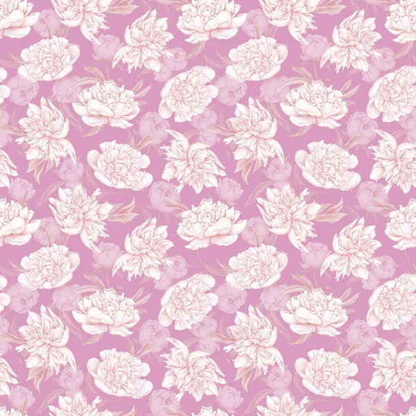 Weißes Pastellfarbenes Pfingstrosenmuster Handgezeichnete Blühende Blumen Auf Rosa Hintergrund Sanfte — Stockfoto