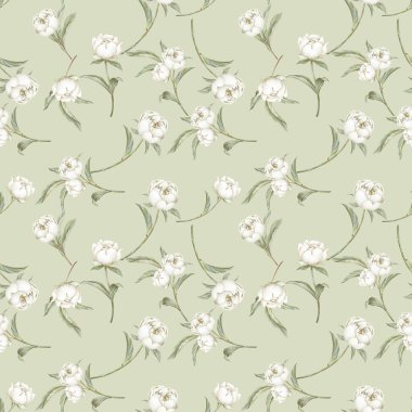 Beyaz pastel şakayıksız desen. Pastel yeşil arka planda el çizimi çiçekler. Yumuşak tonlarName