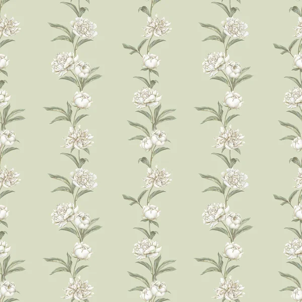 Wit Pastelpioenachtig Naadloos Patroon Met Hand Getekend Bloeiende Bloemen Achtergrond — Stockfoto