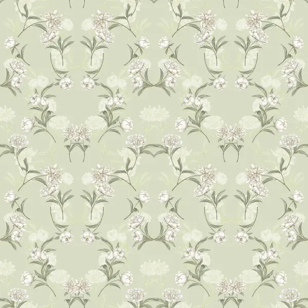 白いパステル牡丹シームレスパターン 花の背景を手描き 柔らかいトーン — ストック写真