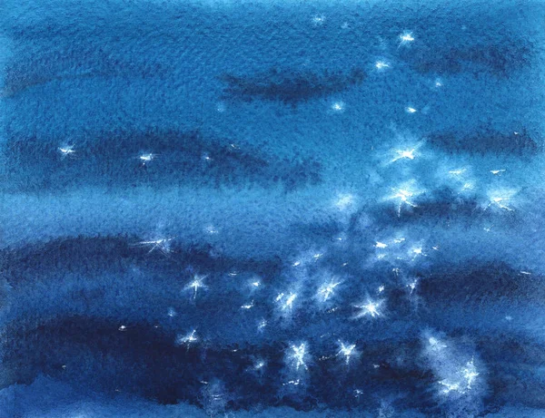 Watercolor blue sea surface, water reflections. Hand drawn illustration sparkle of water