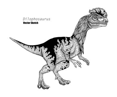 Dilophosaurus. Dinozor çizimi. Siyah ve beyaz. El çizimi vektör sanatı. satır sanatı