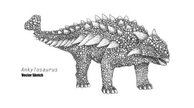 Ankylosaurus. Dinozor çizimi. Siyah ve beyaz. El çizimi vektör sanatı. satır sanatı