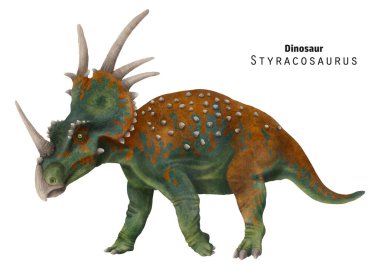 Styracosaurus çizimi. Boynuzlu dinozor. Kahverengi, yeşil dino