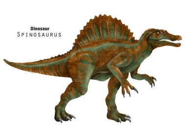 Spinosaurus çizimi. Arkasında arma olan dinozor. Yeşil kahverengi dino