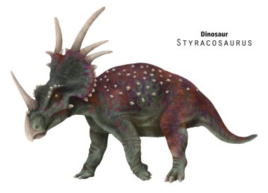 Styracosaurus çizimi. Boynuzlu dinozor. Kırmızı, yeşil dino