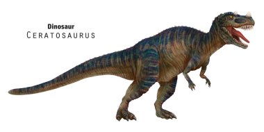 Ceratosaurus çizimi. Hırıldayan dinozor, bir yırtıcının açık çenesi. Yeşil ve bej çizgili dino