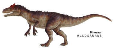 Allosaurus çizimi. Açık çeneli dinozor. Antik hayvan avcısı. Kahverengi bej dino