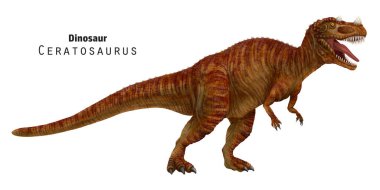 Ceratosaurus çizimi. Hırıldayan dinozor, bir yırtıcının açık çenesi. Kırmızı çizgili dino