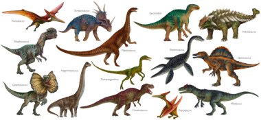 Dinosaur set. Dino illustration. Carnivores and herbivores. Allosaurus, Elasmosaurus, Compsognathus, Iguanodon, Plateosaurus, Spinosaurus, Pterodactyl, Ankylosaurus clipart