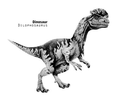 Süslü resimli Dilophosaurus. Kafasında arma olan bir dinozor. Noktalama vektör çizimi. Siyah ve beyaz