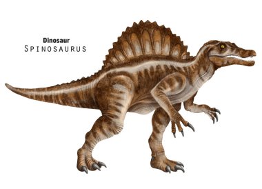 Spinosaurus çizimi. Arkasında arma olan dinozor. Kahverengi, bej dino