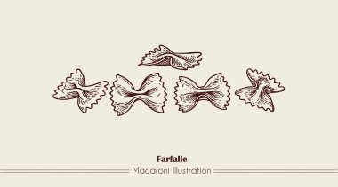 Farfalle İtalyan Makarnası. Elle çizilmiş yemek taslağı. Eski tarz oyma. Oyma. Satır sanatı
