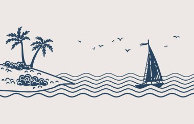 Vektör deniz manzarası. Yelkenli teknesi, iki palmiye ağacı ve gökyüzünde martıları olan tropik bir ada. Sakin okyanus manzarası.