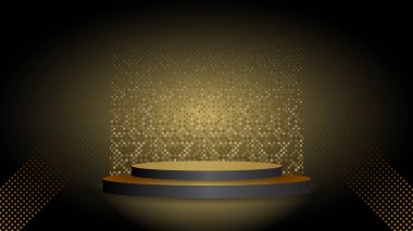 Ürün stadyumu sahne salonu sunumu için soyut arka plan altın podyumu. Yuvarlak parlak neon ışıkları, yuvarlak çerçeve ve vatozlar. Altın vektör ışıklandırma sahne ışığı arka planı..