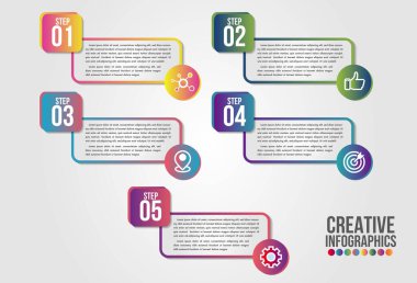 Simgeleri ve 5 sayı seçenekleri veya adımları ile İş Infographic tasarım şablonu. Proses sunumları, iş akışı düzeni, diyagram, afiş, akış şeması, bilgi grafiği için kullanılabilir.