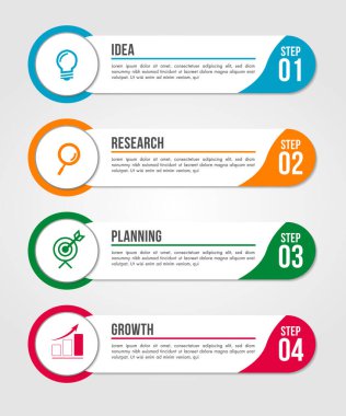 İş bilgileri 4 adım seçenekleri tasarım şablonu. Veri ve bilgi görselleştirmesi. Dinamik renkli elementler stil geometrik.