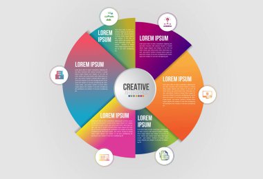 6 basamaklı iş ve endüstri vites tarzı bilgi şablonuna sahip iş sunumu kavramı. Raporun logosu ve halka bilgi tablosu, diyagramı veya sunumu içeren bir bölümü.