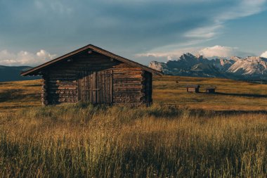 Güney Tyrol 'da tahtadan kulübeleri olan Seiser Alm.