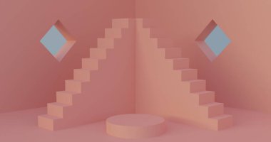 Kozmetik veya ürün gösterimi için 3 boyutlu minimalist arkaplan podyumu. Pastel renkler, 3d renkler.